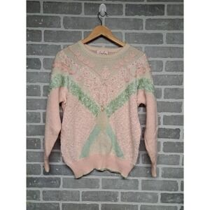 Women's Jaclyn Smith Vintage Pastel Pearl/Bead Pullover Sweater Crew-Neck Size M